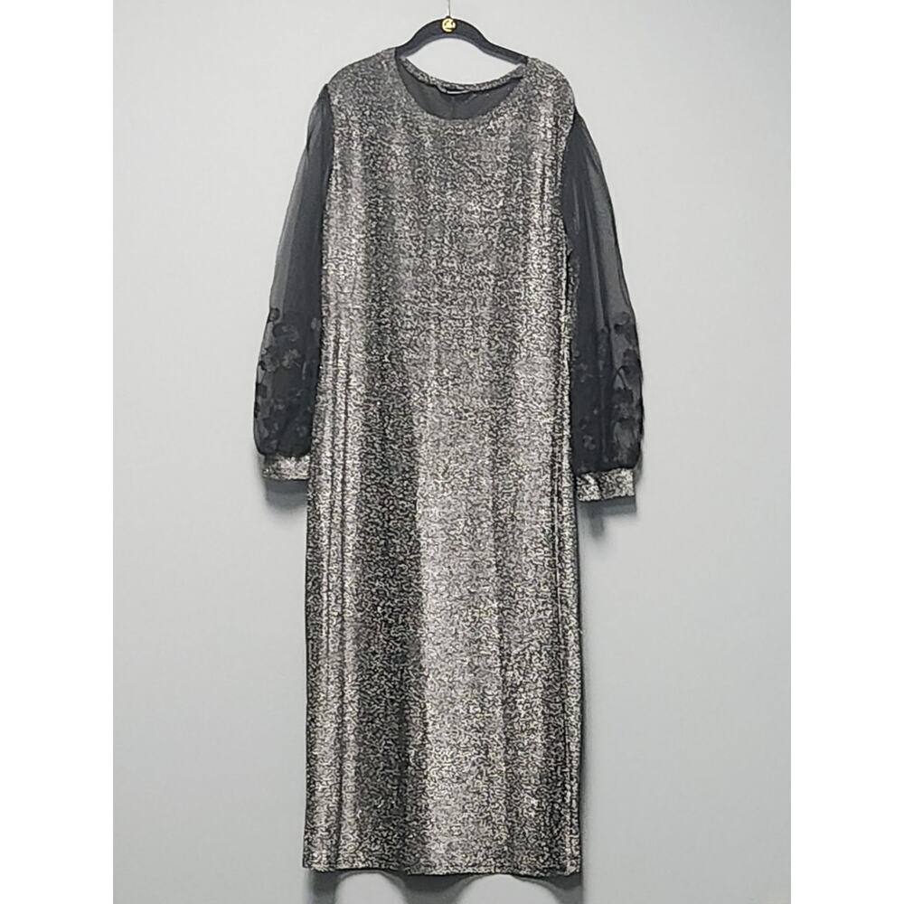 Shein Silver Sequin Long Gown Women's 4X NWOT Sheer Long Sleeve Rose Embroidery